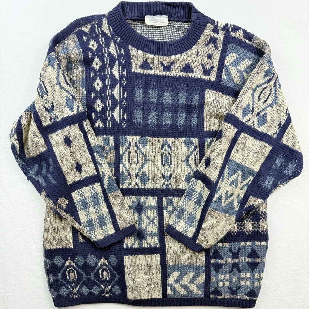 Arielle Sweater Womens Size M Blue Geometric Patchwork Knit Crewneck Vintage USA